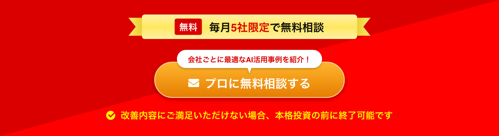 毎月5社限定で無料相談 お得なトライアルプラン※初回のみ適用 改善内容にご満足いただけない場合、本格投資の前に終了可能です