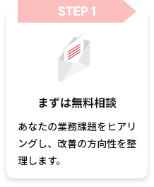 STEP1 まずは無料相談 あなたの業務課題をヒアリングし、改善の方向性を整理します。