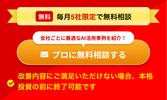 毎月5社限定で無料相談 お得なトライアルプラン※初回のみ適用 改善内容にご満足いただけない場合、本格投資の前に終了可能です