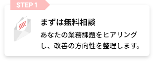 STEP1 まずは無料相談 あなたの営業課題をヒアリングし、改善の方向性を整理します。