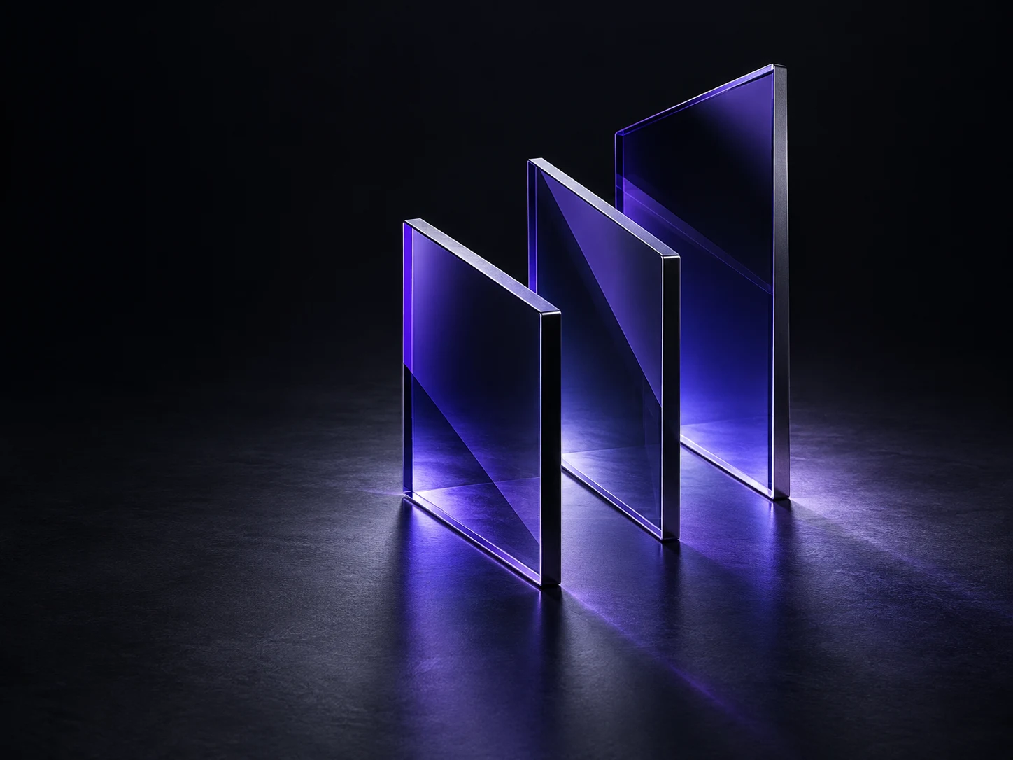 Three precisely aligned violet glass planes